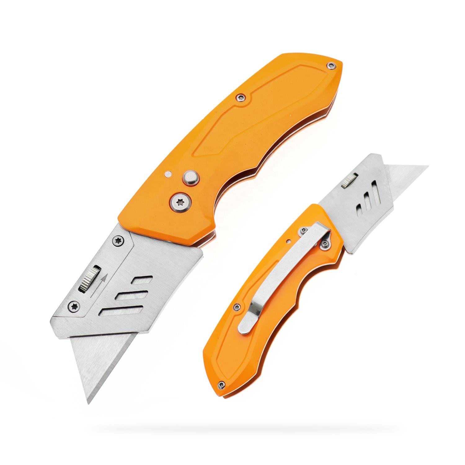 Utility Knife, Yangjiang Jinlangda, Manufacturer, Utility Box Cutter Knife, Aluminum Customized Painting Color Orange Folding Button Lock With Belt Clip Quick Change Blade Razor