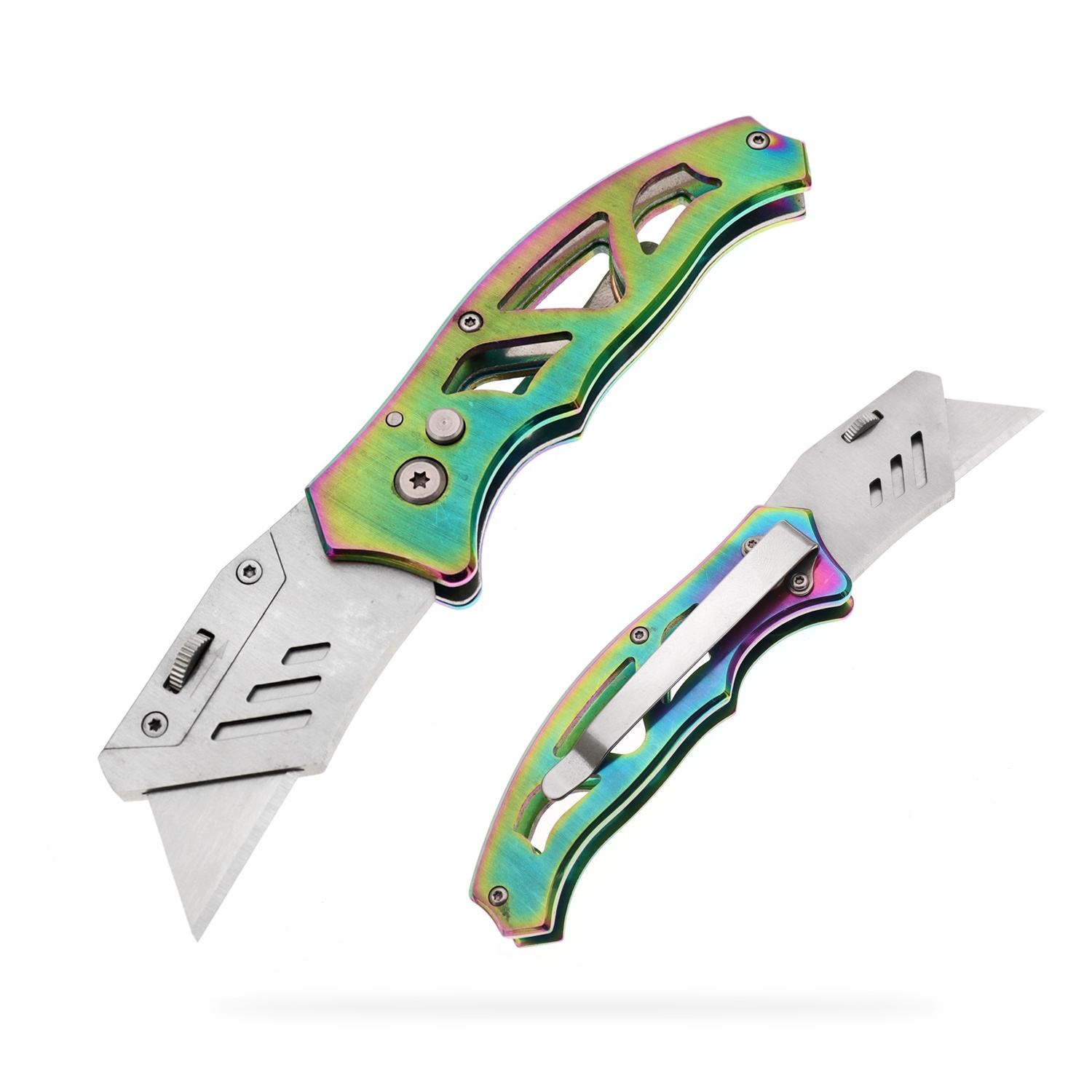 Utility Knife, Yangjiang Jinlangda, Manufacturer, Rainbow Utility Knife Colorful Box Cutter Quick-Change SK5 Blade Handy Carrying Sturdy Good Looking Usage for Gardening Camping