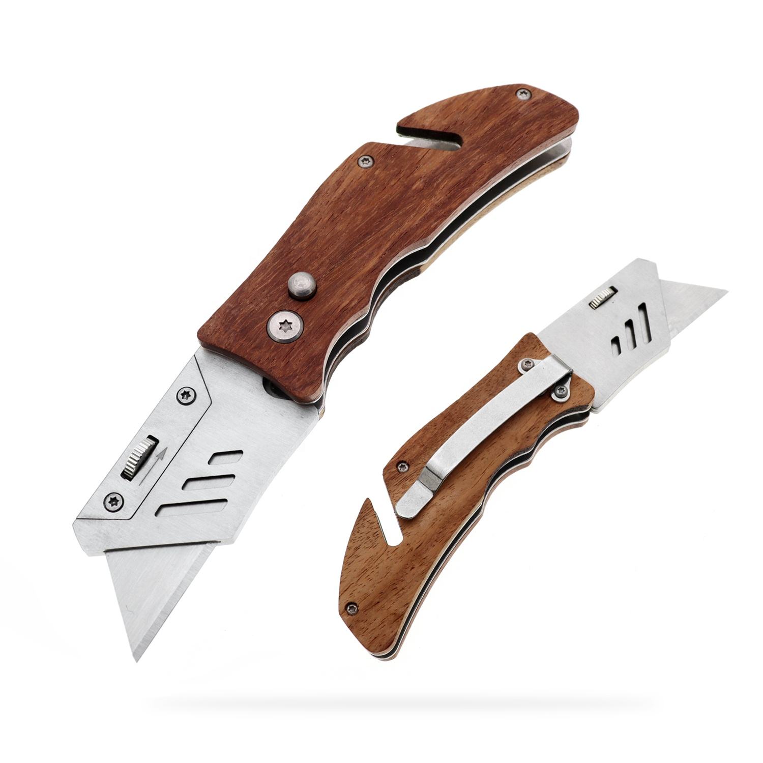 Utility Knife, Yangjiang Jinlangda, Manufacturer, Wood Handle Utility Knife, Customized LOGO with Belt or Ropes Cutter LightWeight Quick Change SK5 Blade Razor Sharp Handy Sturdy