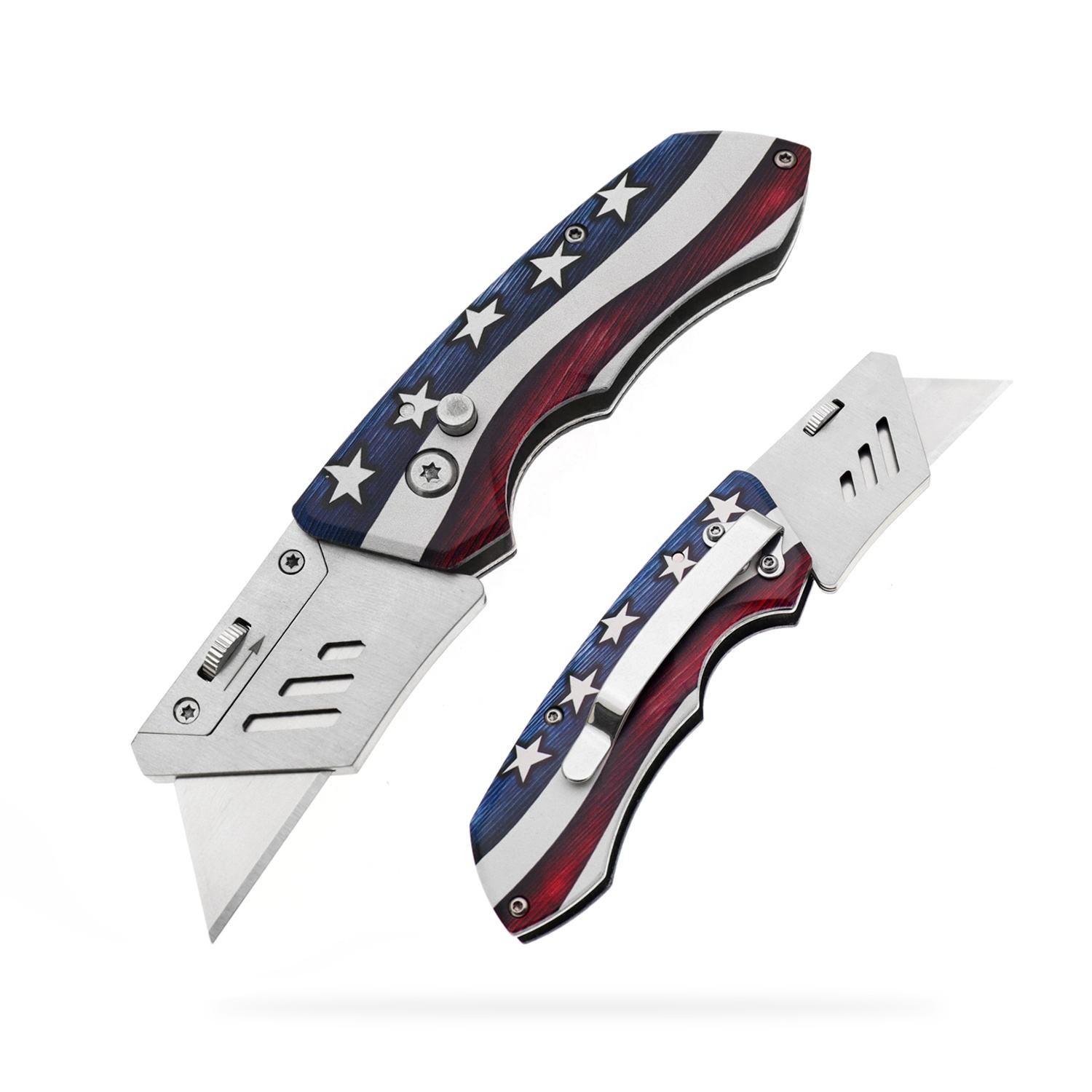 Utility Knife, Yangjiang Jinlangda, Manufacturer, Flag Pattern Utility Knife UV Print Foldable Stainless Steel Safety Change Blades Cardboard Rope Paper Cutting Tool Box Cutter