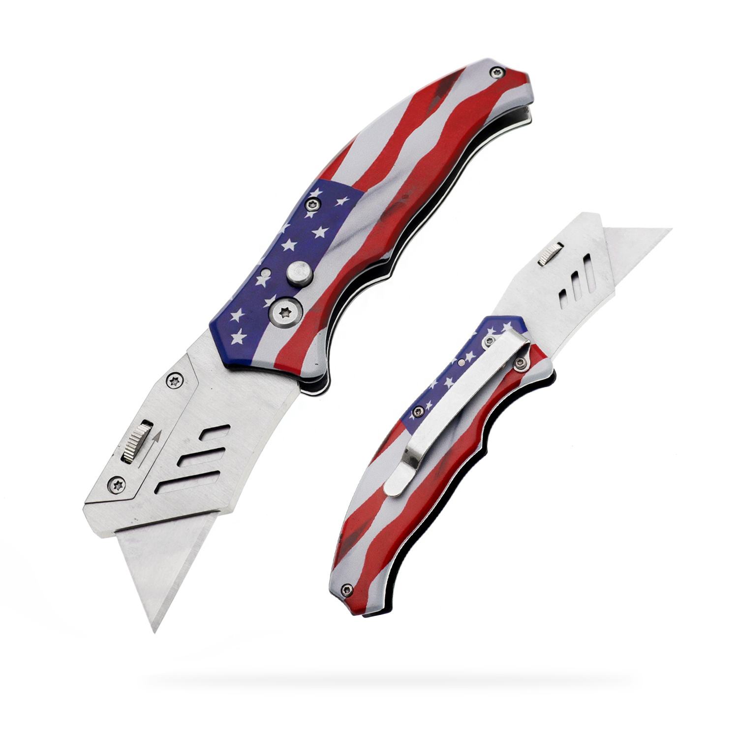 Utility Knife, Yangjiang Jinlangda, Manufacturer, Utility Knife, Flag Pattern Box Cutter UV Print Foldable Stainless Steel Cardboard Rope Paper Cutting Tool Safety Change Blades